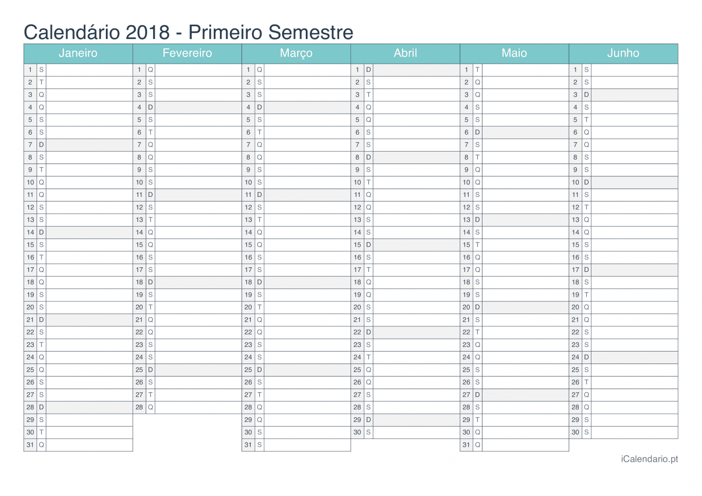 Calendário por semestre 2018 - Turquesa