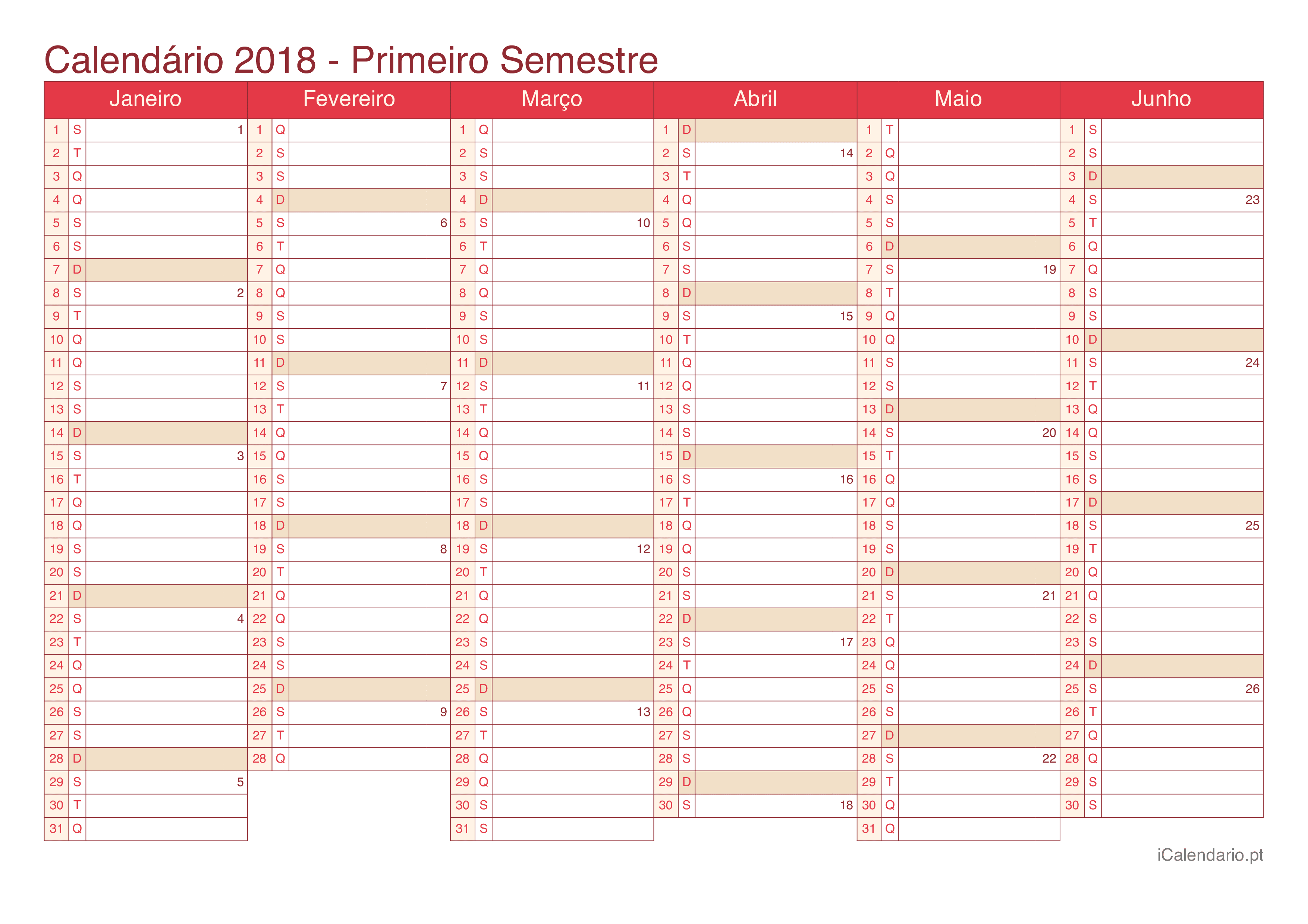 Calendário por semestre com números da semana 2018 - Cherry