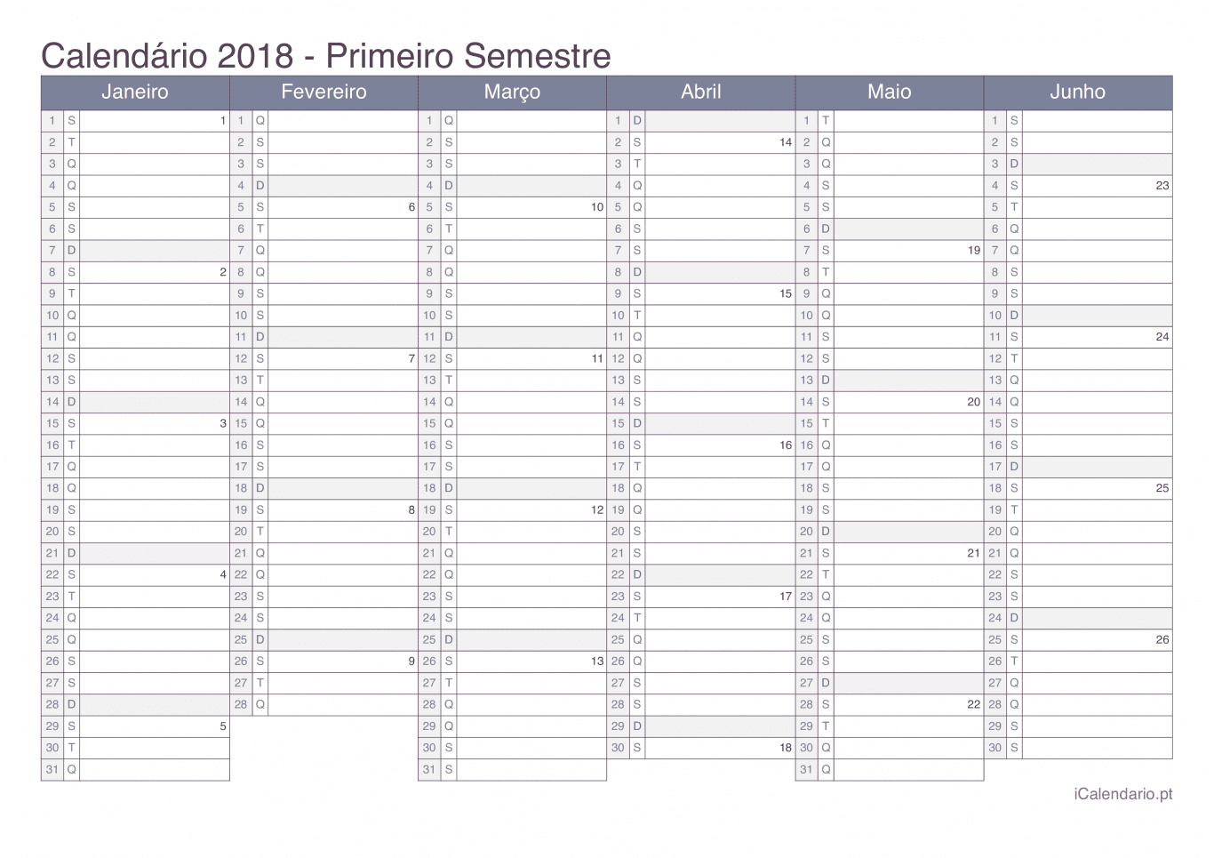 Calendário por semestre com números da semana 2018 - Office