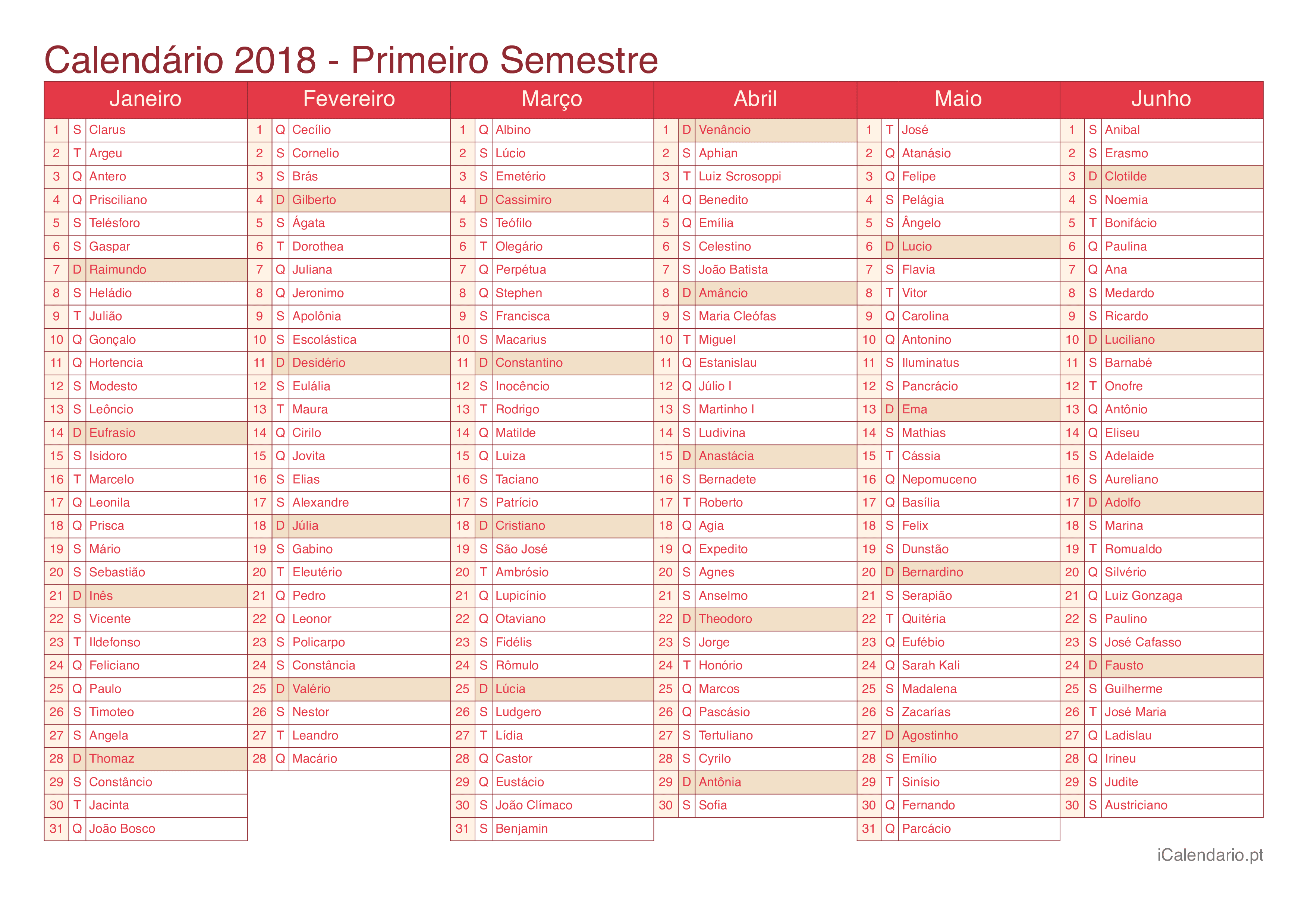 Calendário por semestre 2018 com festa do dia - Cherry