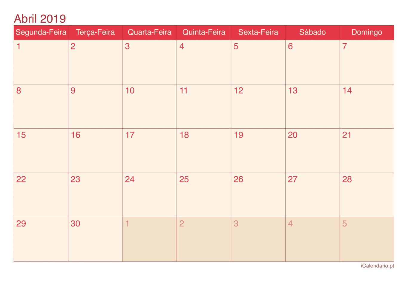 Calendário de abril 2019 - Cherry