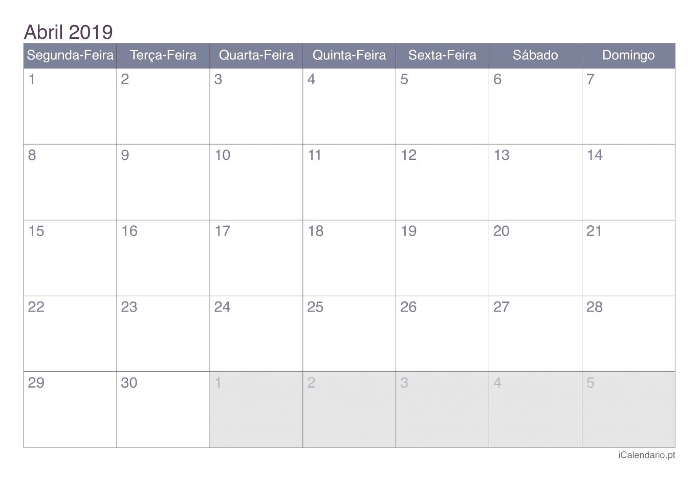 Calendário de abril 2019 - Office