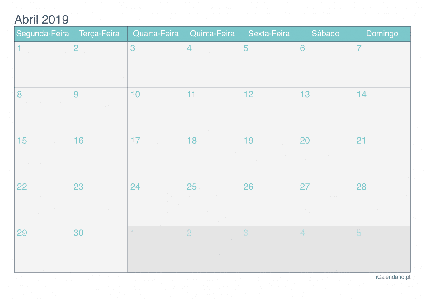 Calendário de abril 2019 - Turquesa