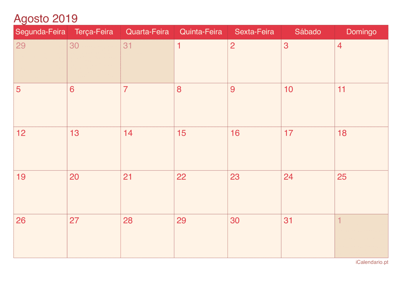 Calendário de agosto 2019 - Cherry