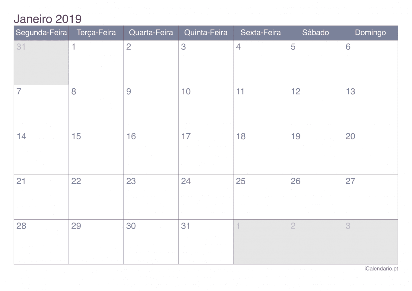 Calendário por mês 2019 - Office