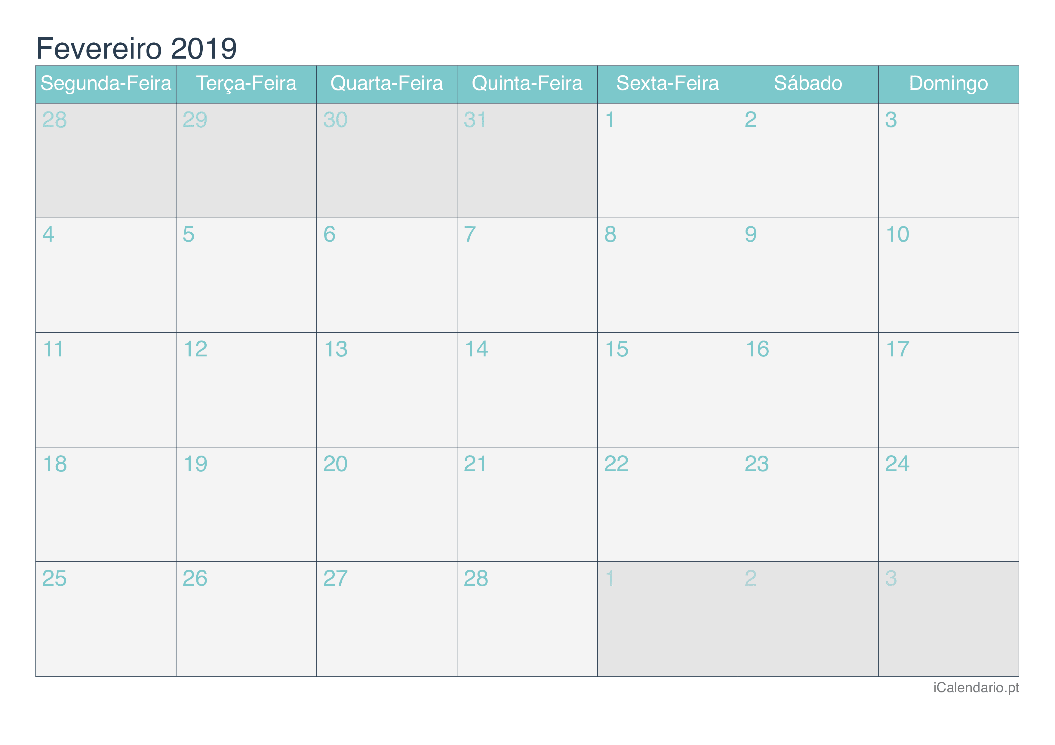 Calendário de fevereiro 2019 - Turquesa
