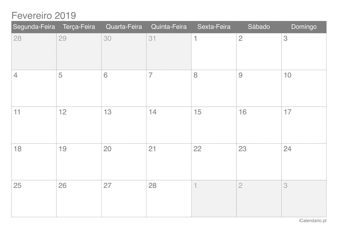 Calendário de fevereiro 2019