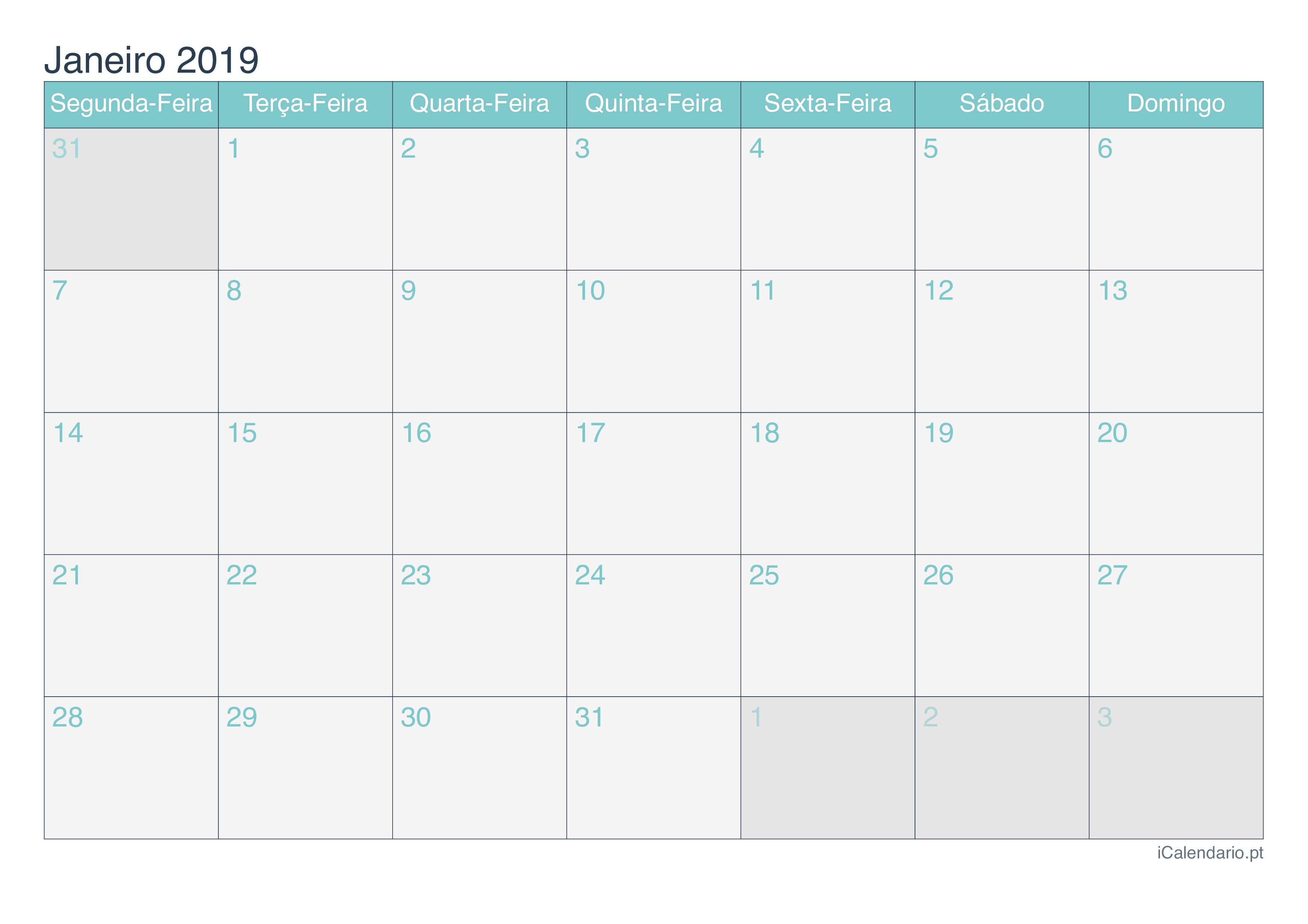 Calendário de janeiro 2019 - Turquesa