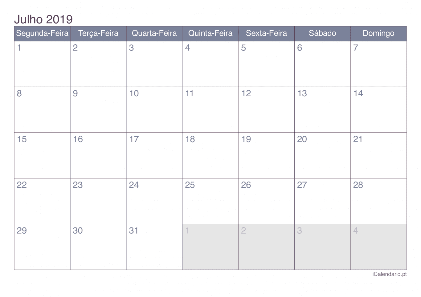 Calendário de julho 2019 - Office