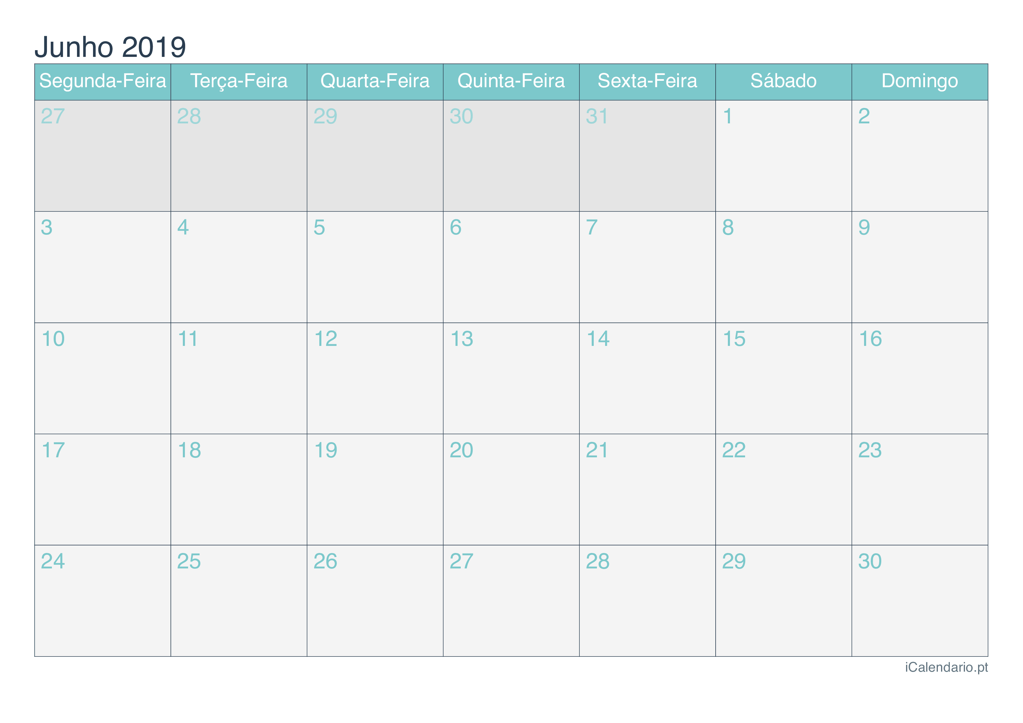Calendário de junho 2019 - Turquesa