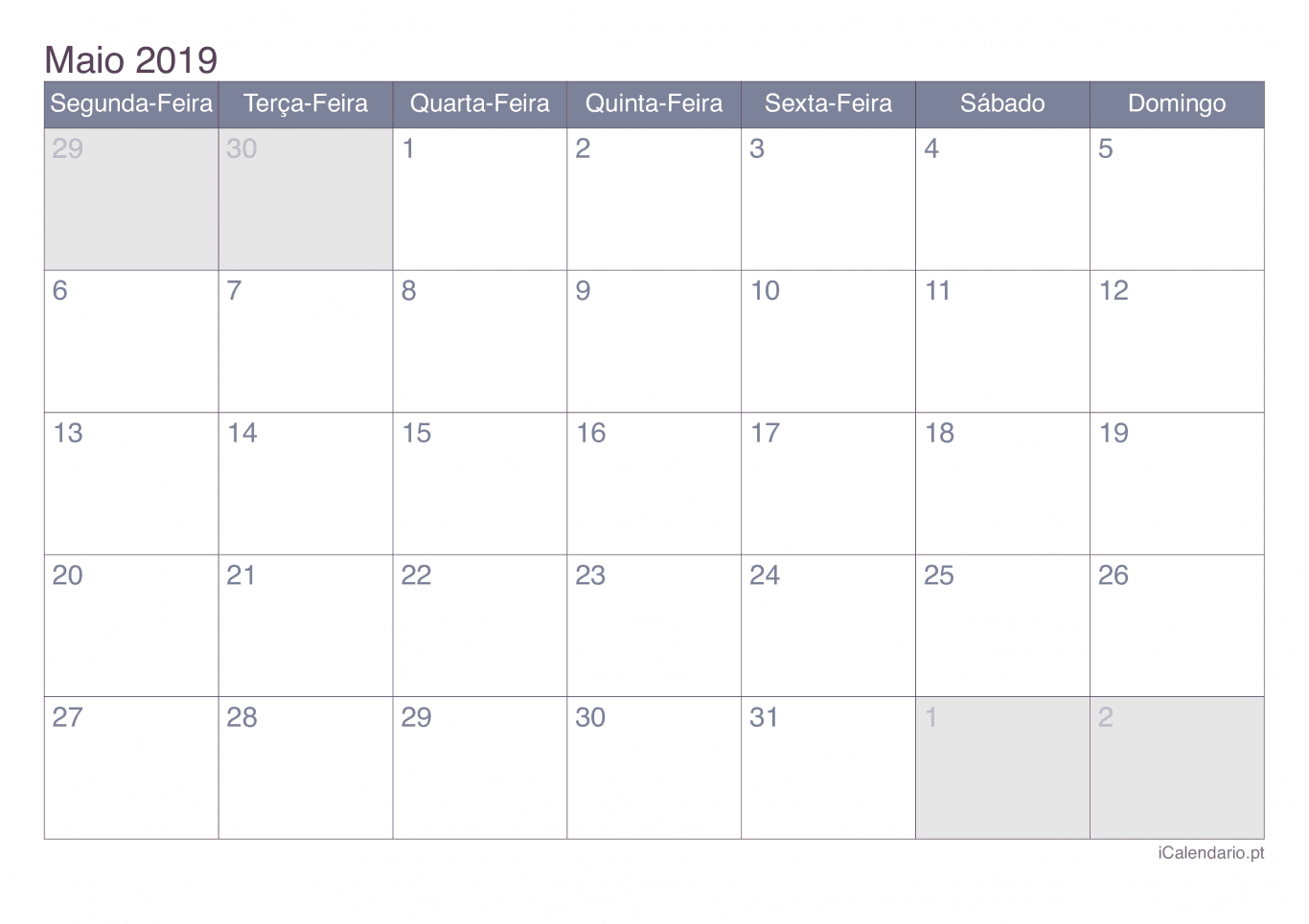 Calendário de maio 2019 - Office