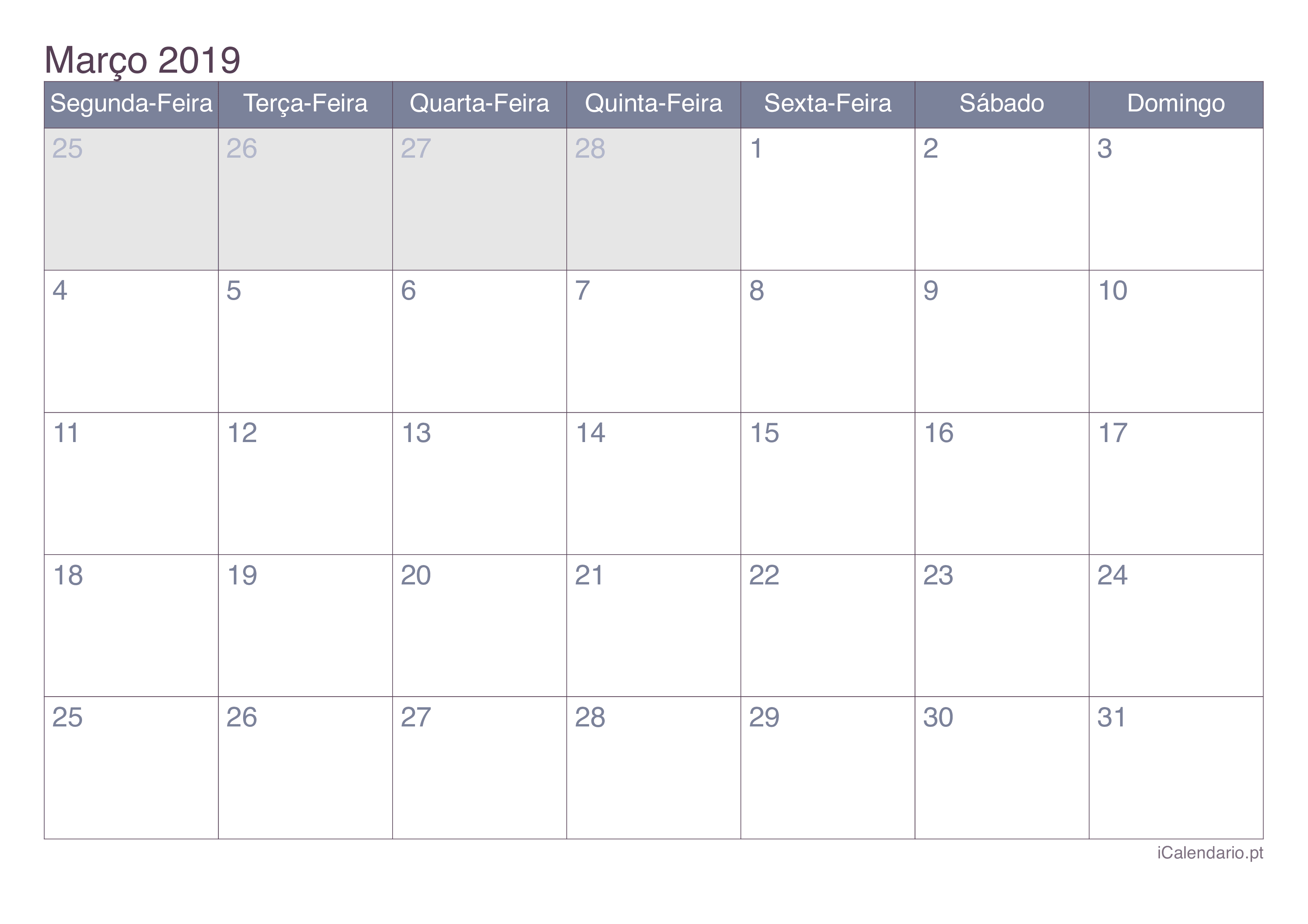 Calendário de março 2019 - Office