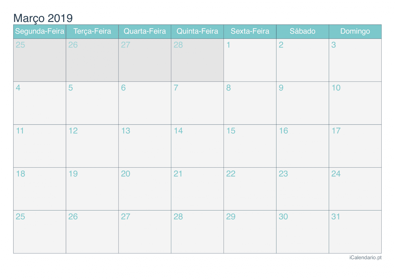 Calendário de março 2019 - Turquesa