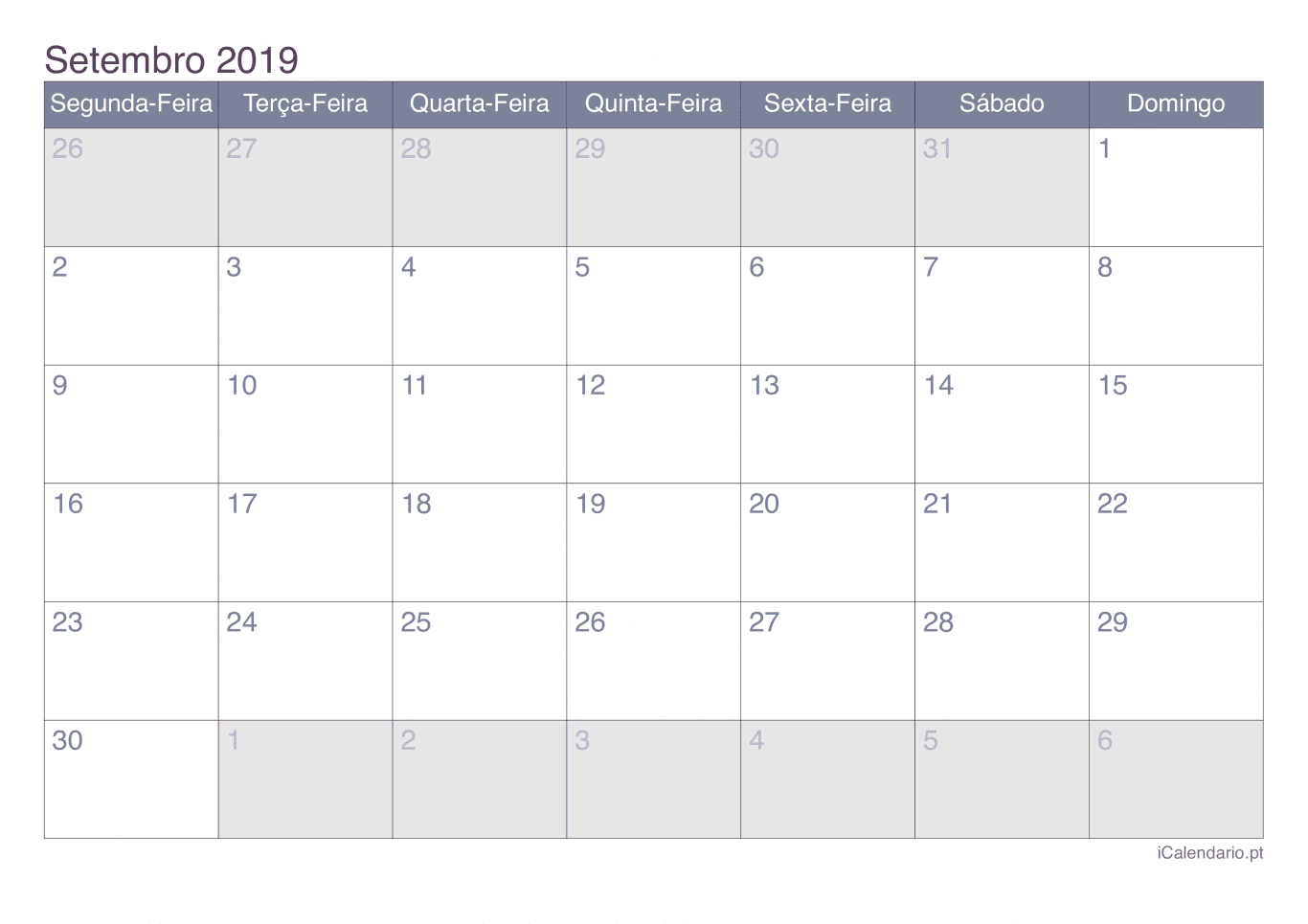 Calendário de setembro 2019 - Office