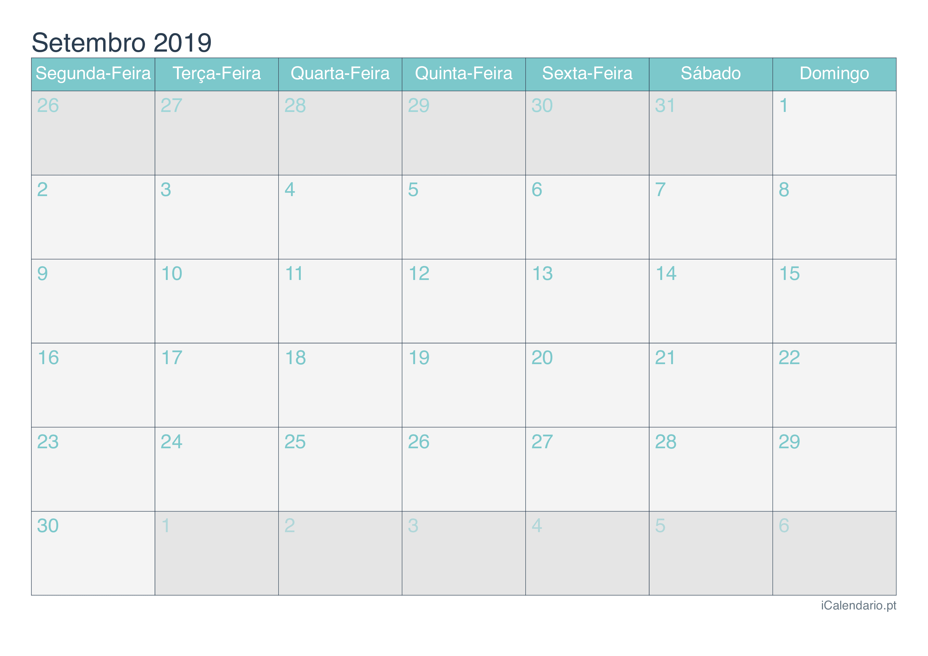Calendário de setembro 2019 - Turquesa