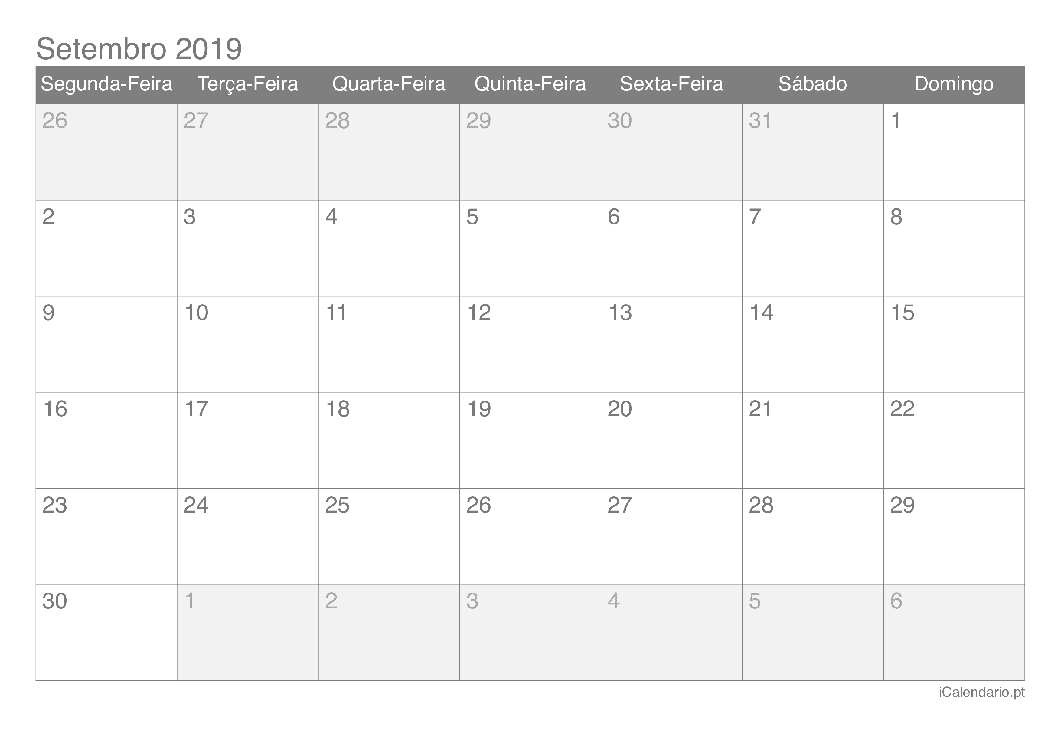 Calendário de setembro 2019