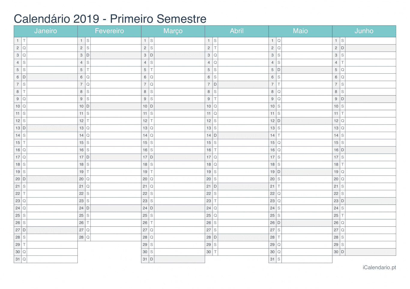 Calendário por semestre 2019 - Turquesa