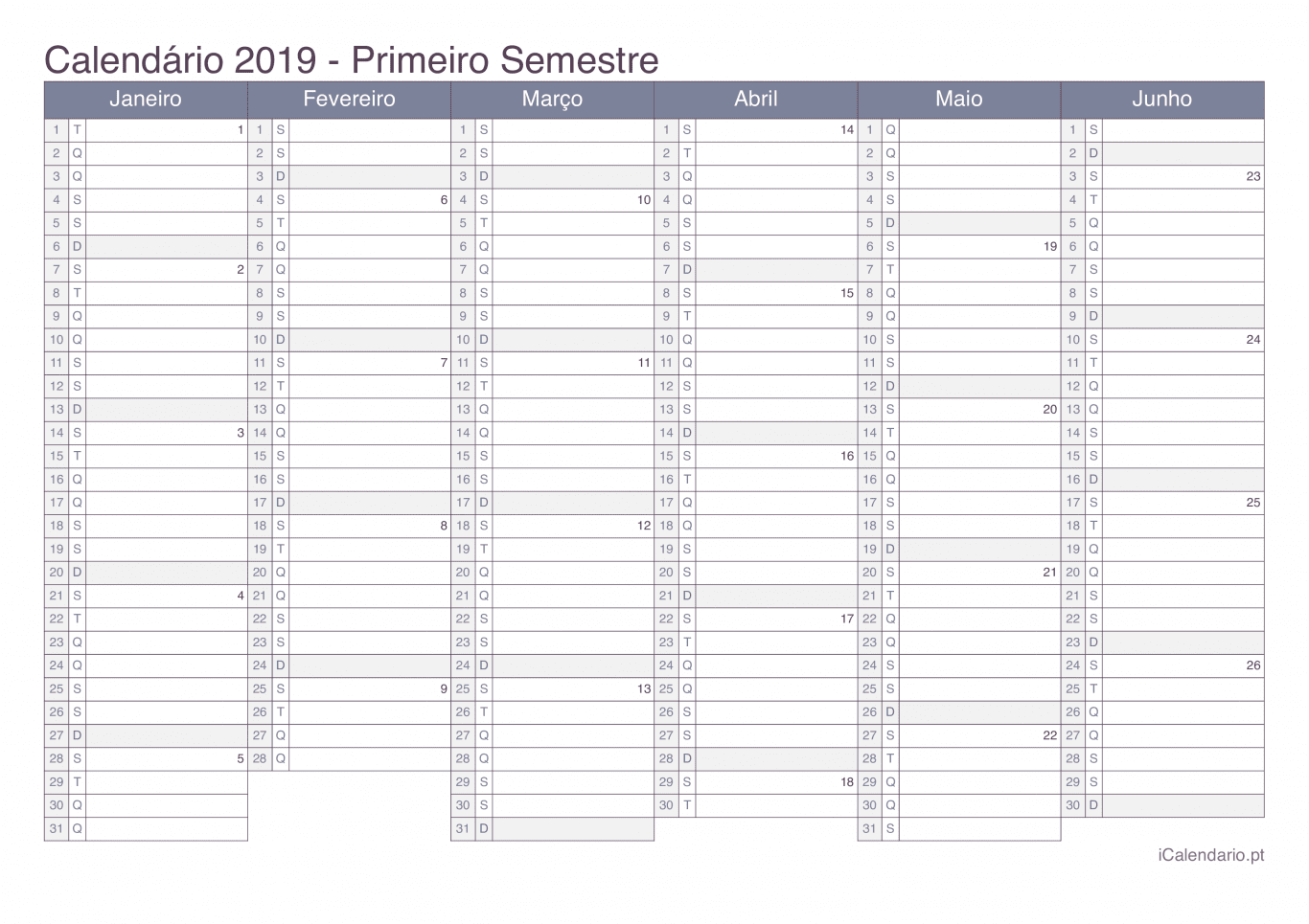 Calendário por semestre com números da semana 2019 - Office