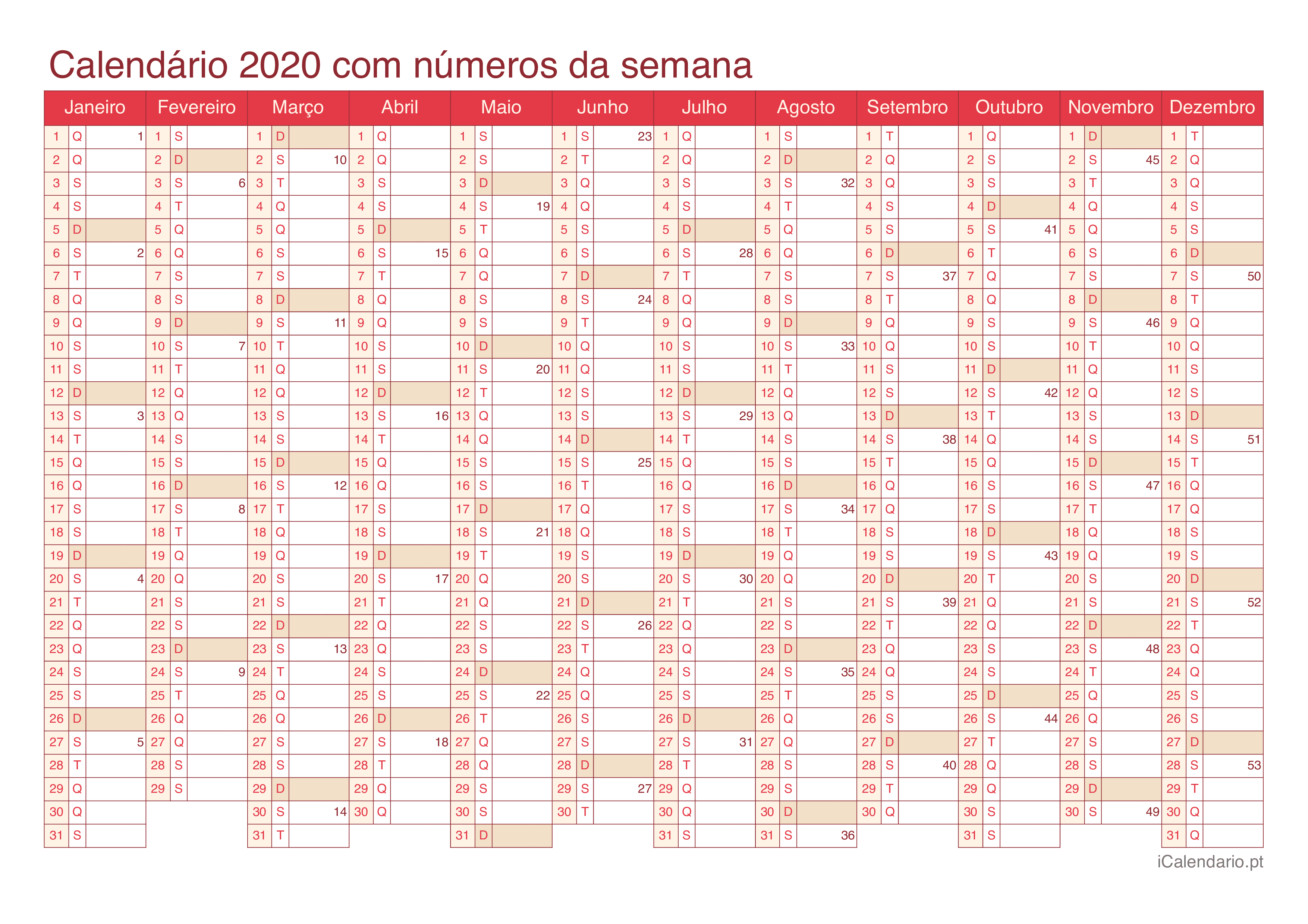 Calendário 2020 com números da semana - Cherry