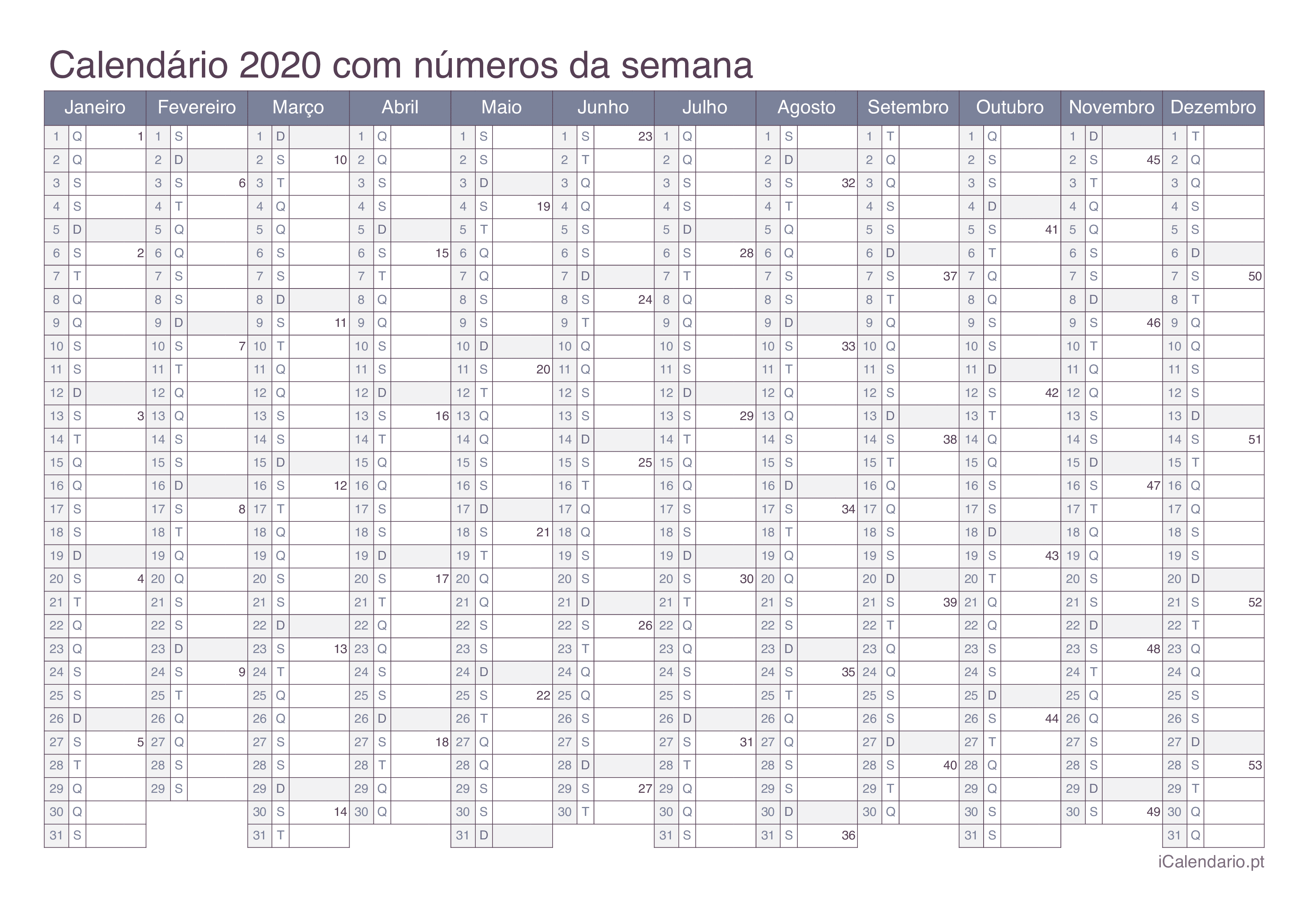 Calendário 2020 com números da semana - Office