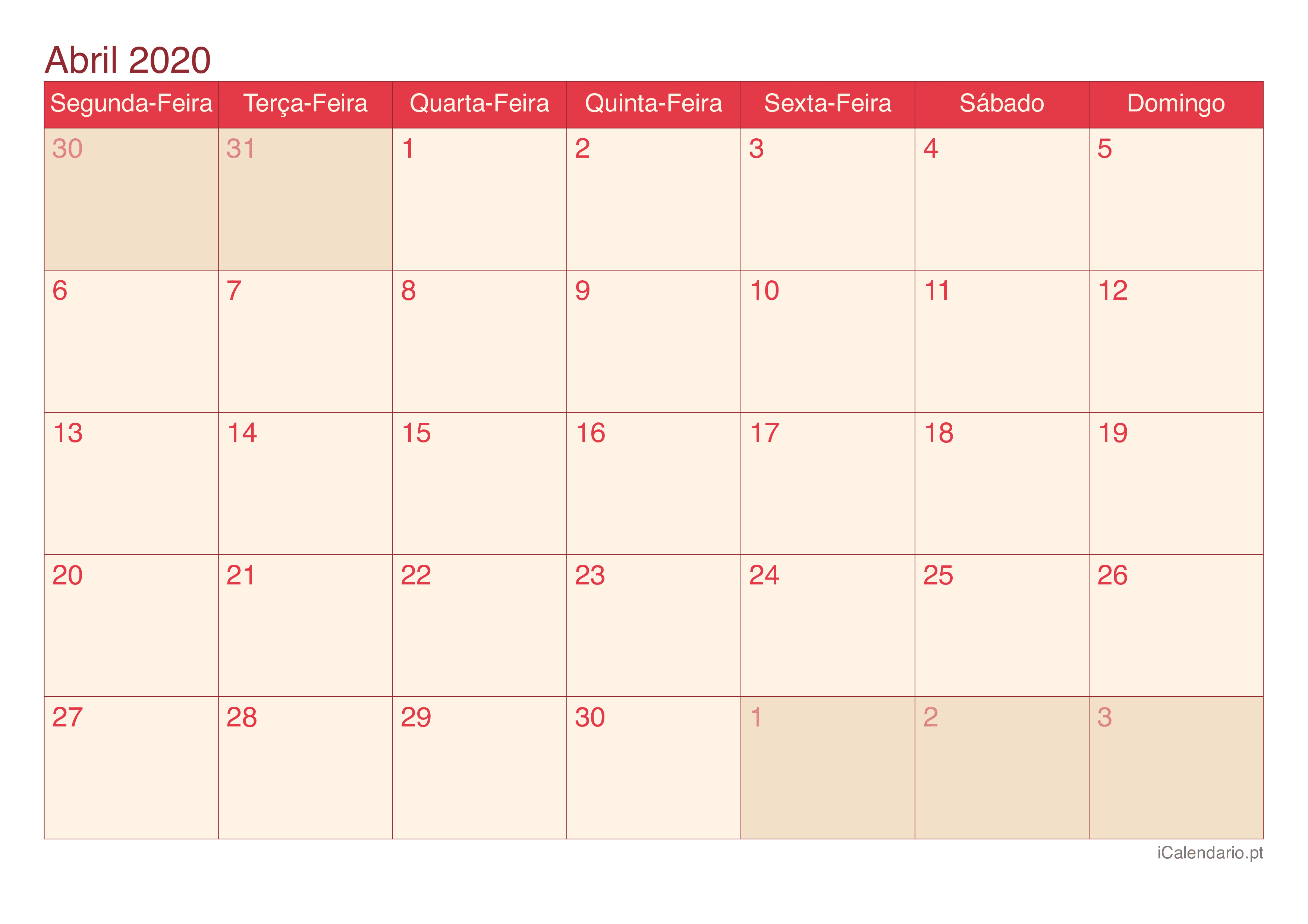 Calendário de abril 2020 - Cherry