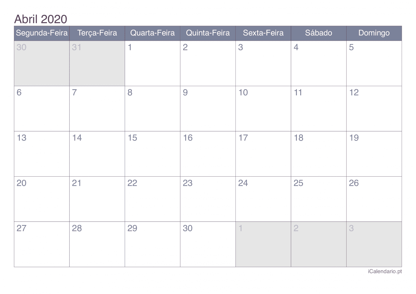 Calendário de abril 2020 - Office