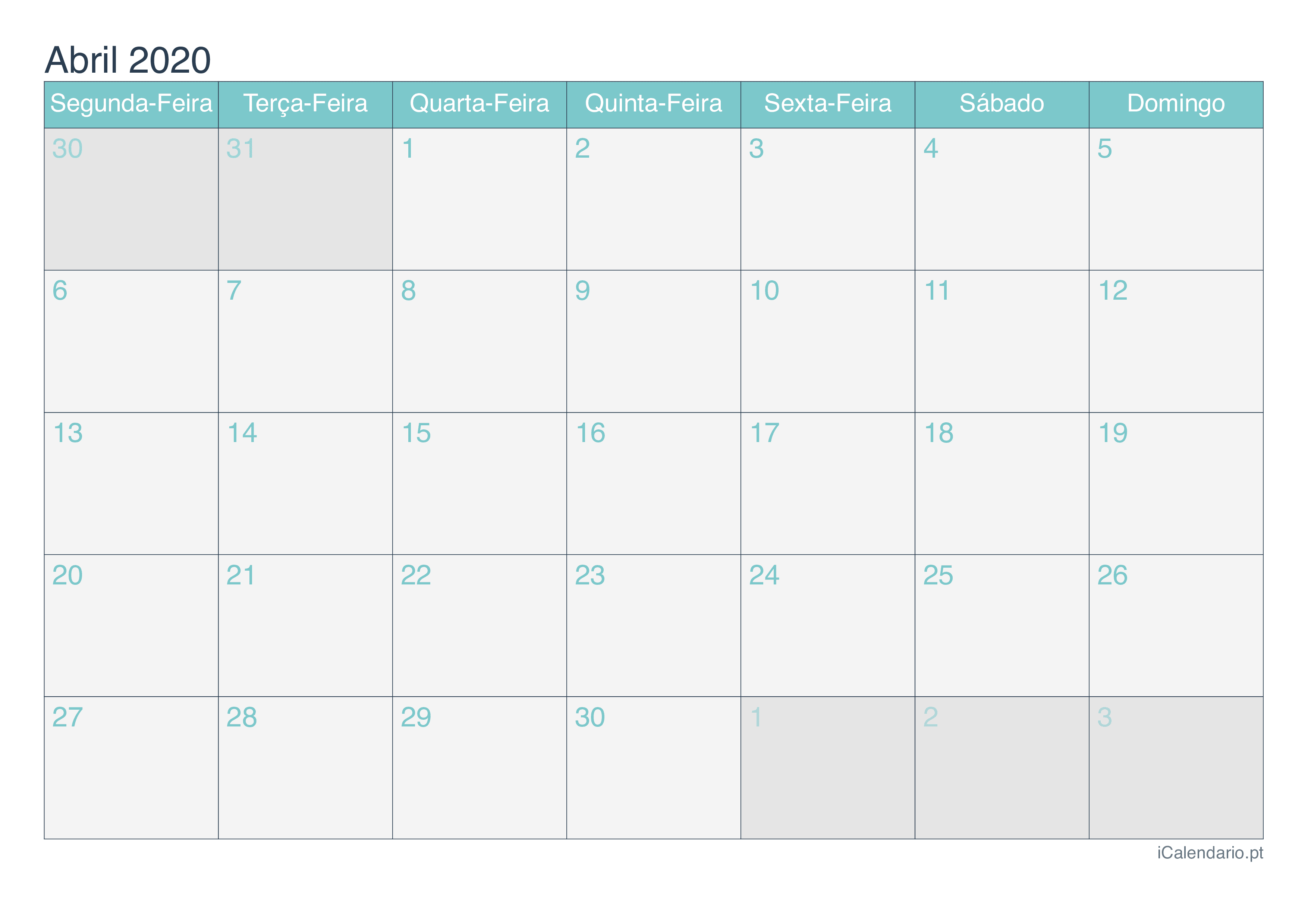 Calendário de abril 2020 - Turquesa