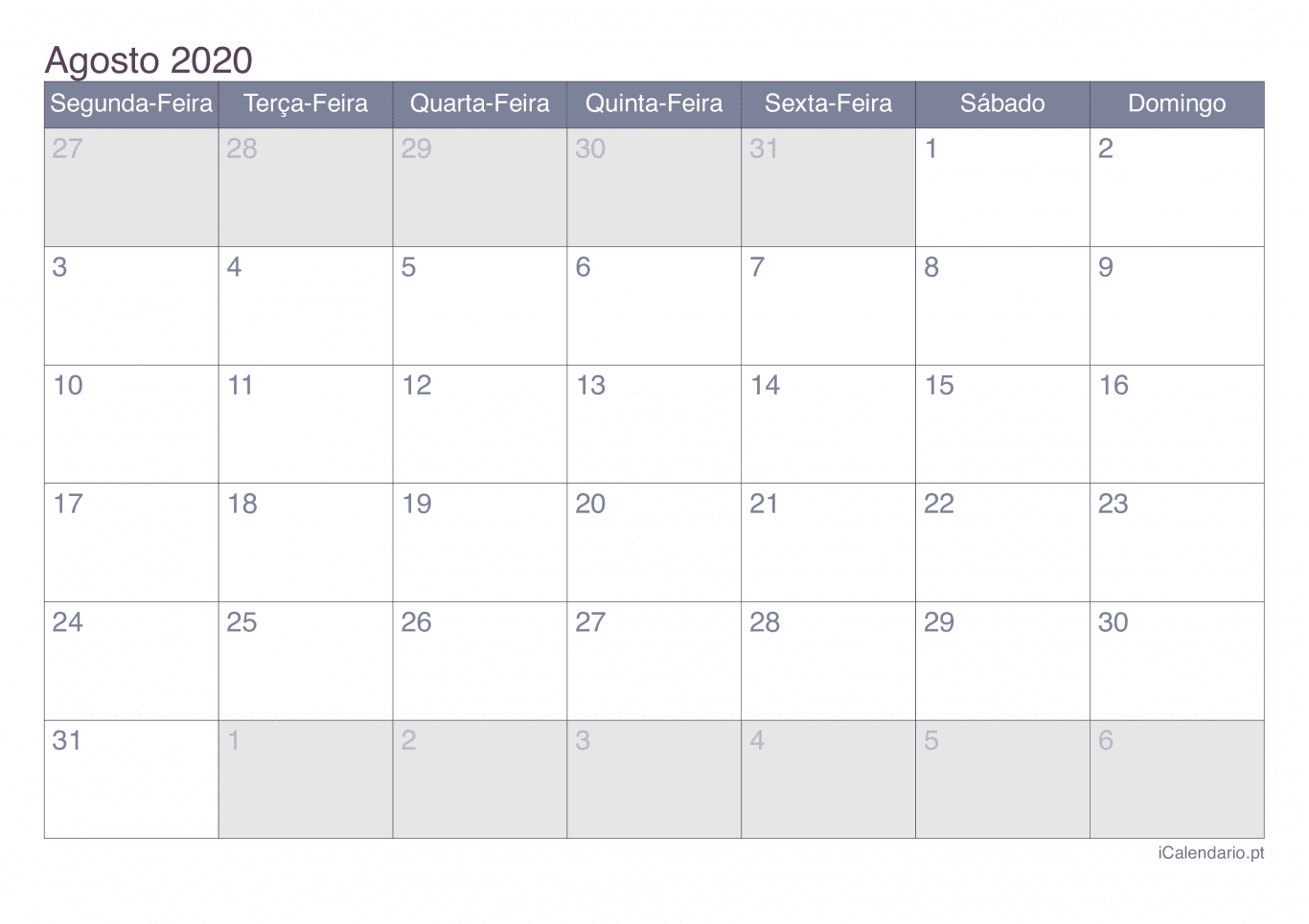 Calendário de agosto 2020 - Office