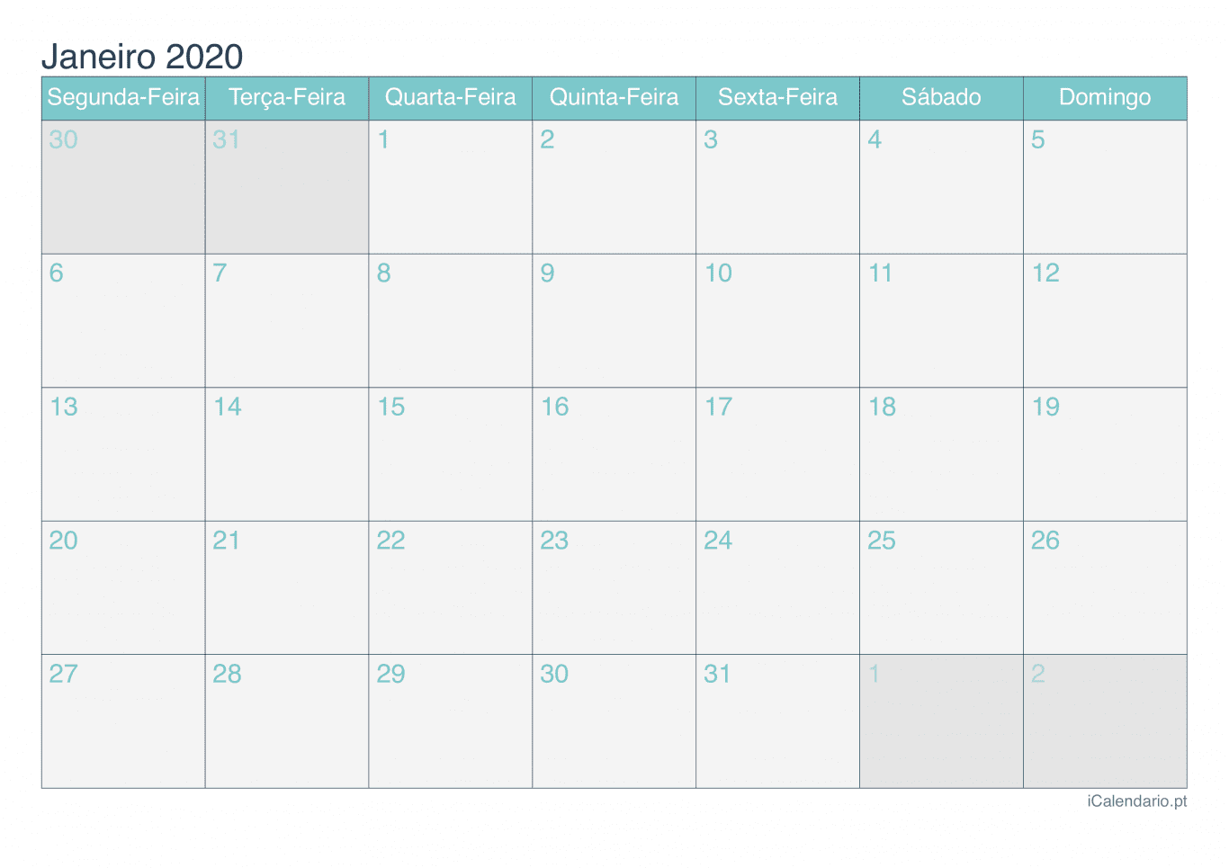 Calendário por mês 2020 - Turquesa