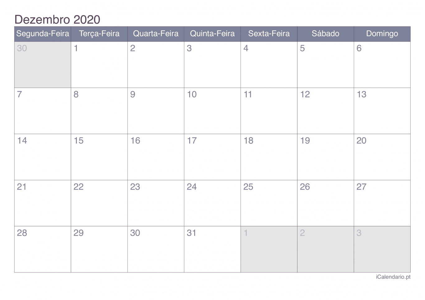 Calendário de dezembro 2020 - Office