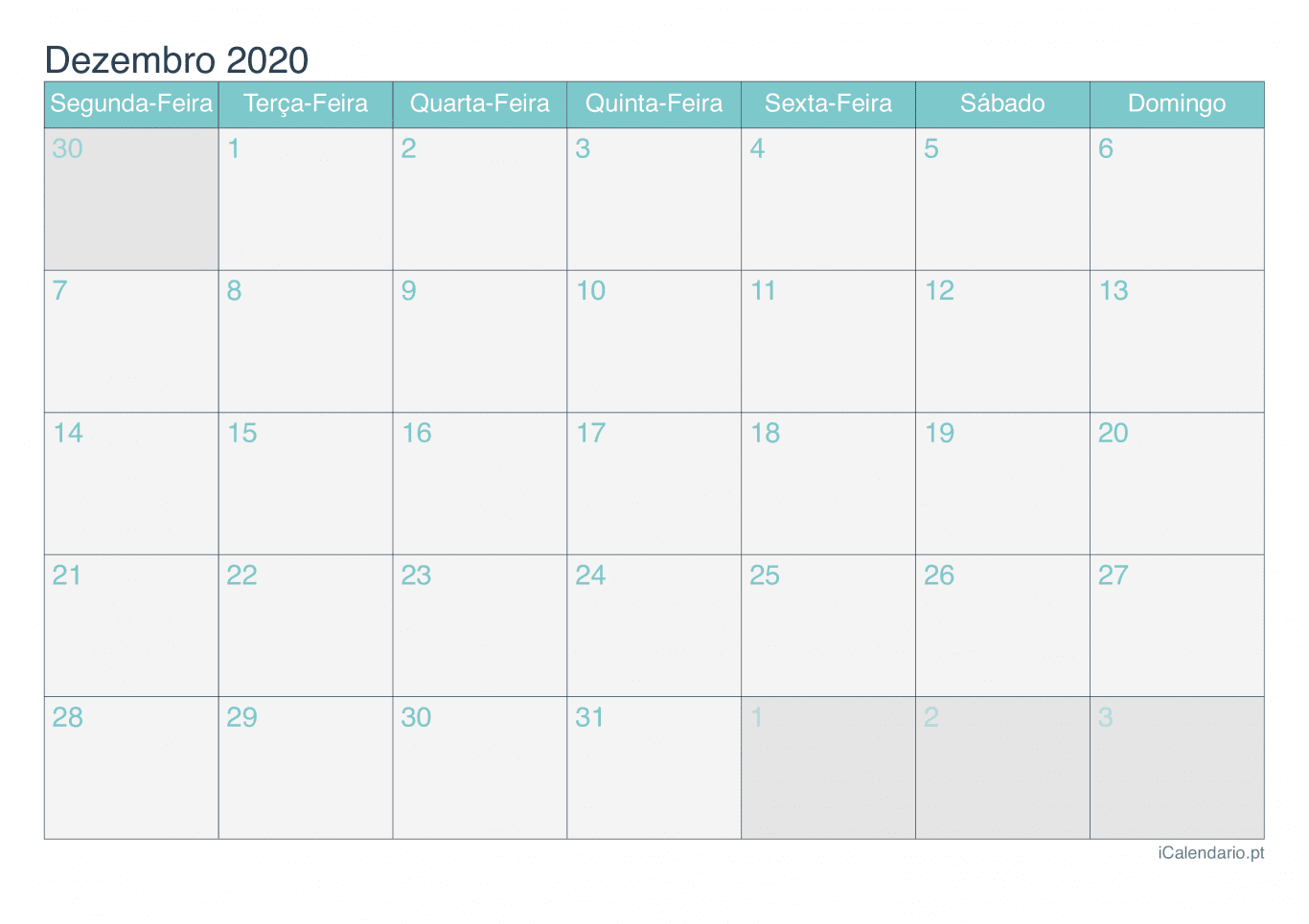 Calendário de dezembro 2020 - Turquesa