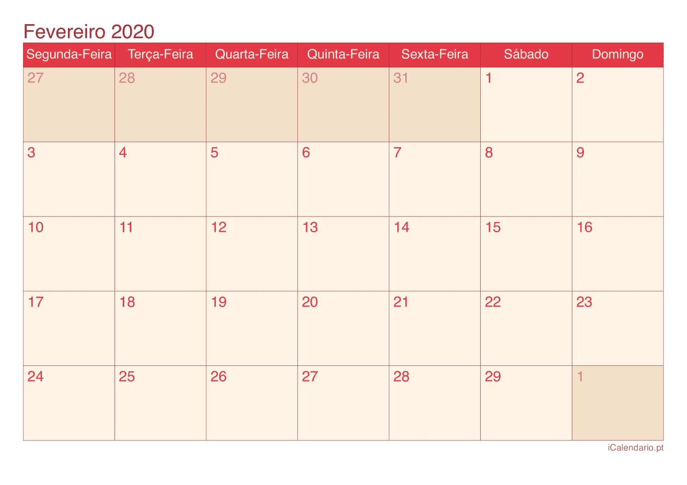 Calendário de fevereiro 2020 - Cherry