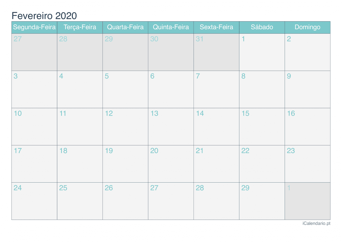 Calendário de fevereiro 2020 - Turquesa