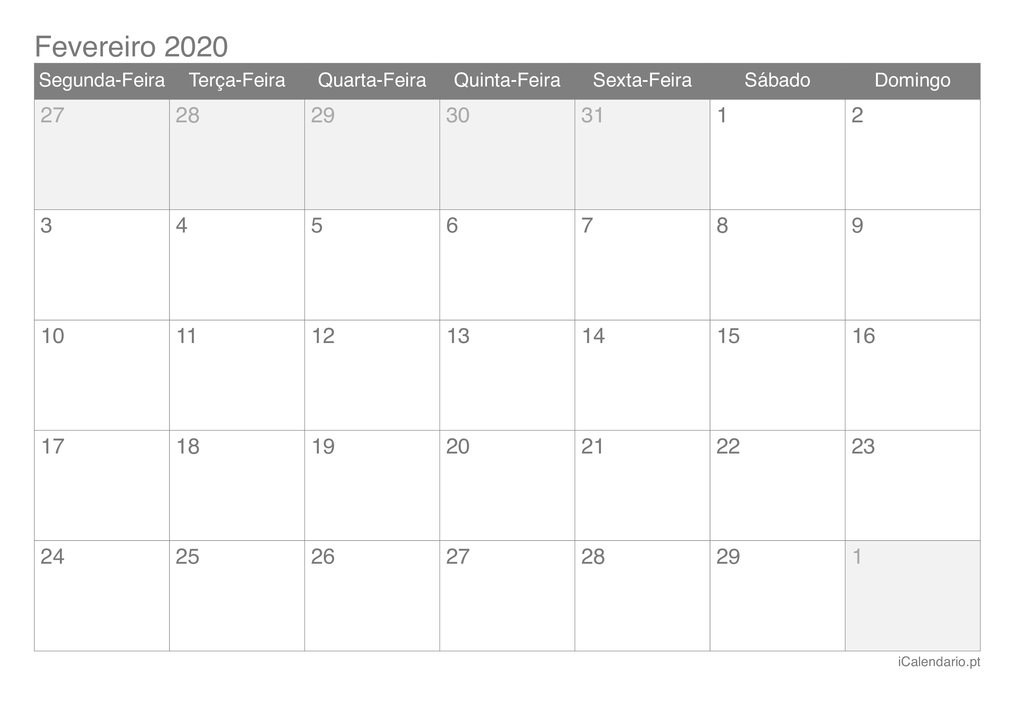 Calendário de fevereiro 2020