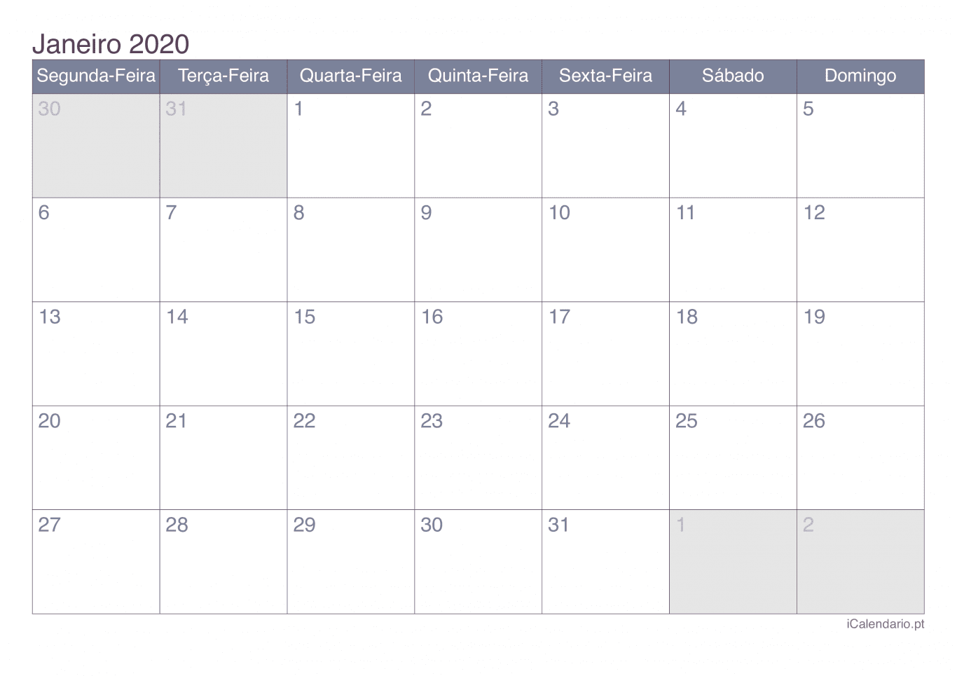 Calendário de janeiro 2020 - Office