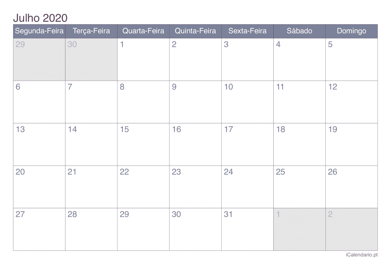 Calendário de julho 2020 - Office