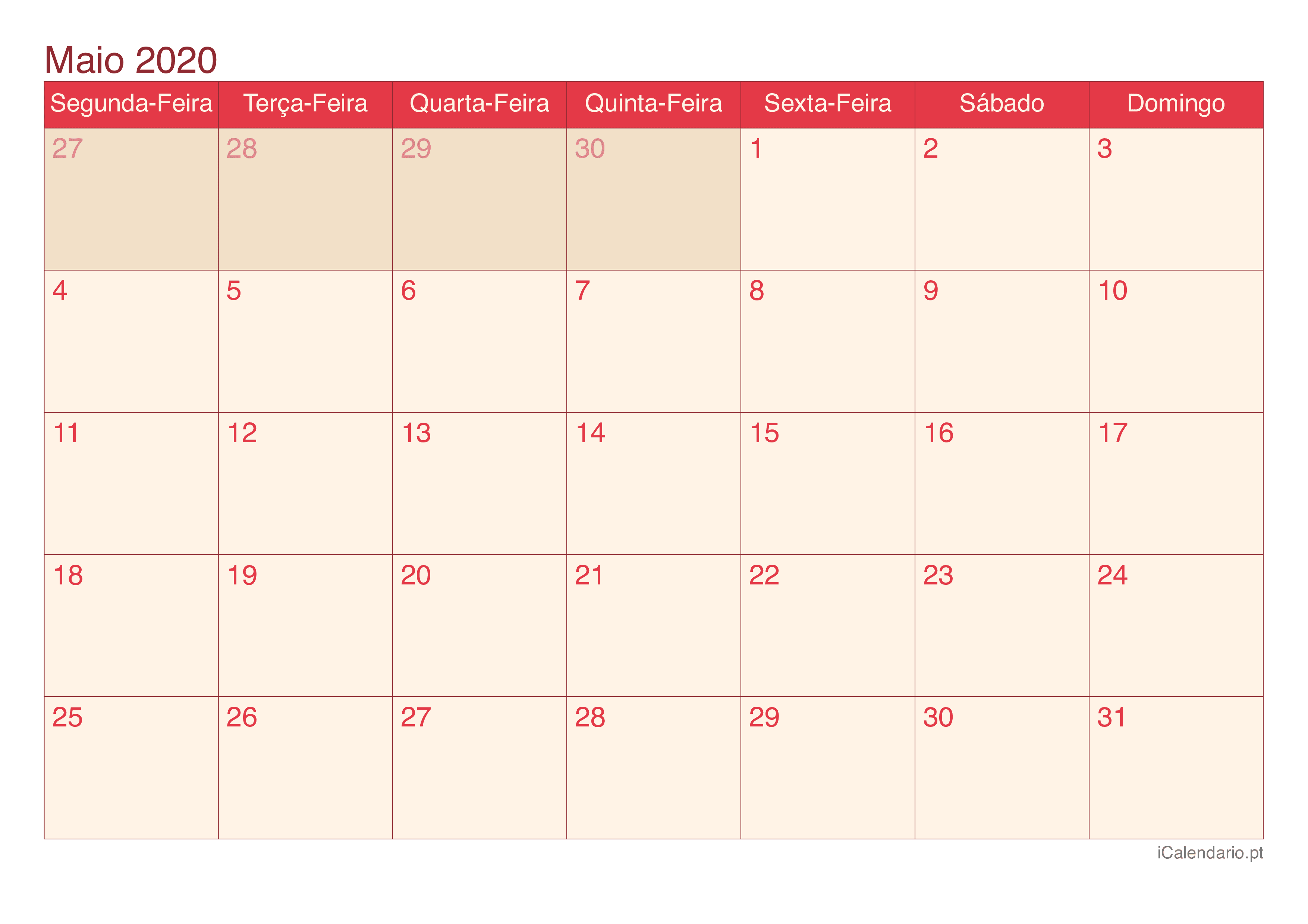 Calendário de maio 2020 - Cherry