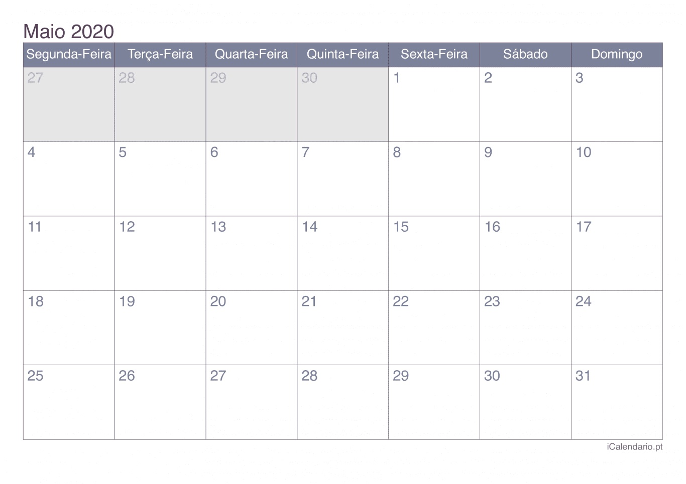 Calendário de maio 2020 - Office