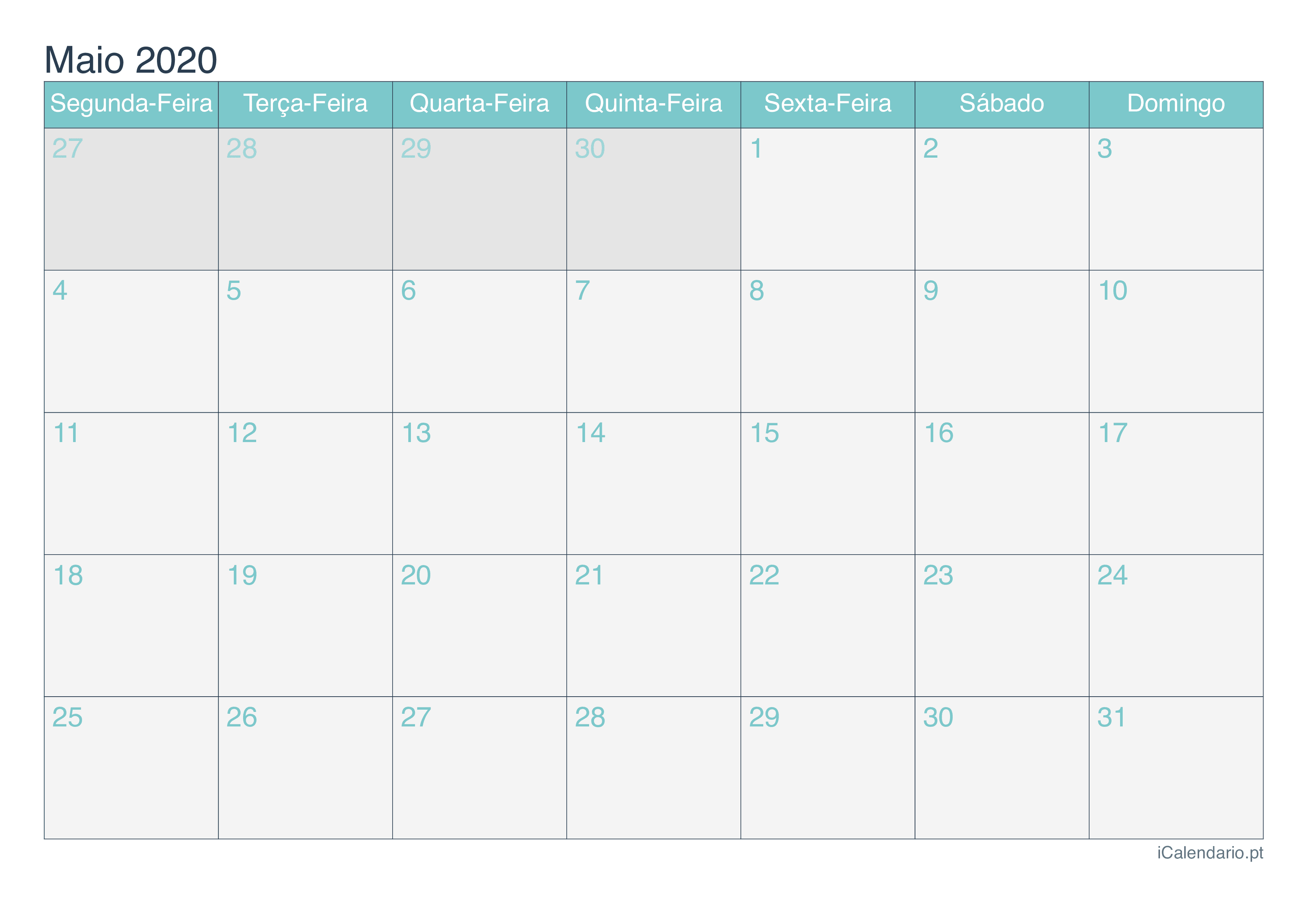 Calendário de maio 2020 - Turquesa