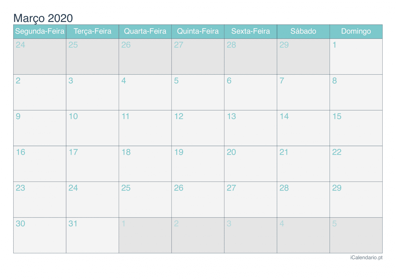 Calendário de março 2020 - Turquesa