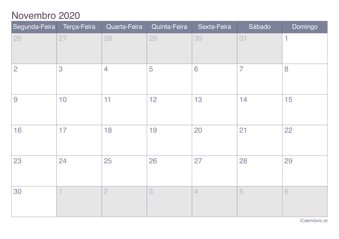 Calendário de novembro 2020 - Office