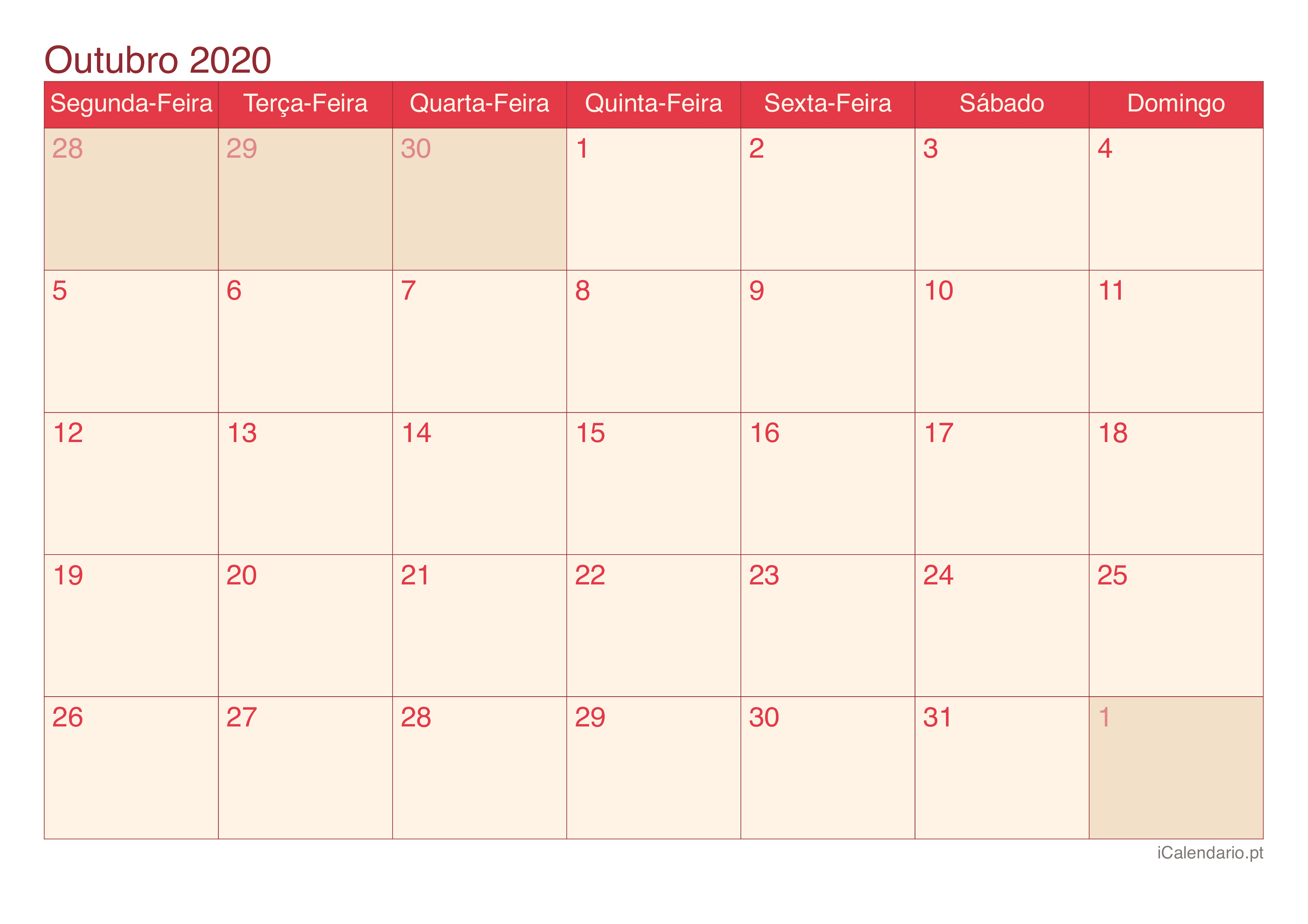 Calendário de outubro 2020 - Cherry