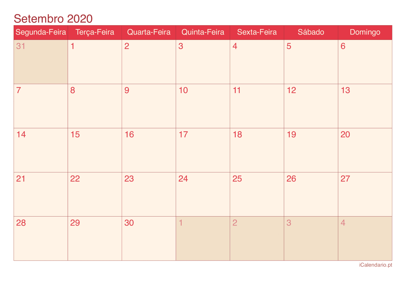 Calendário de setembro 2020 - Cherry