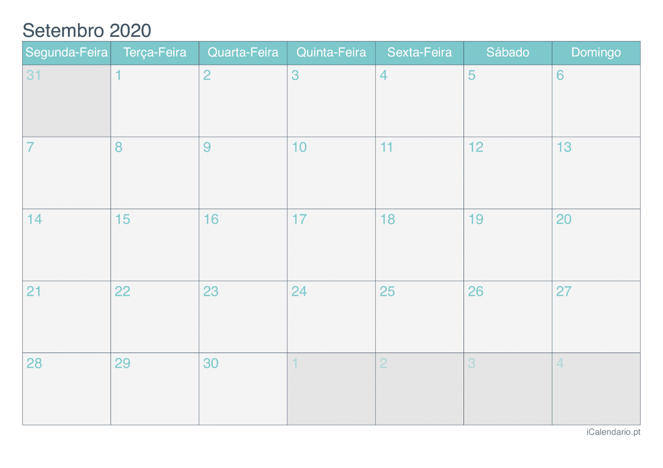 Calendário de setembro 2020 - Turquesa