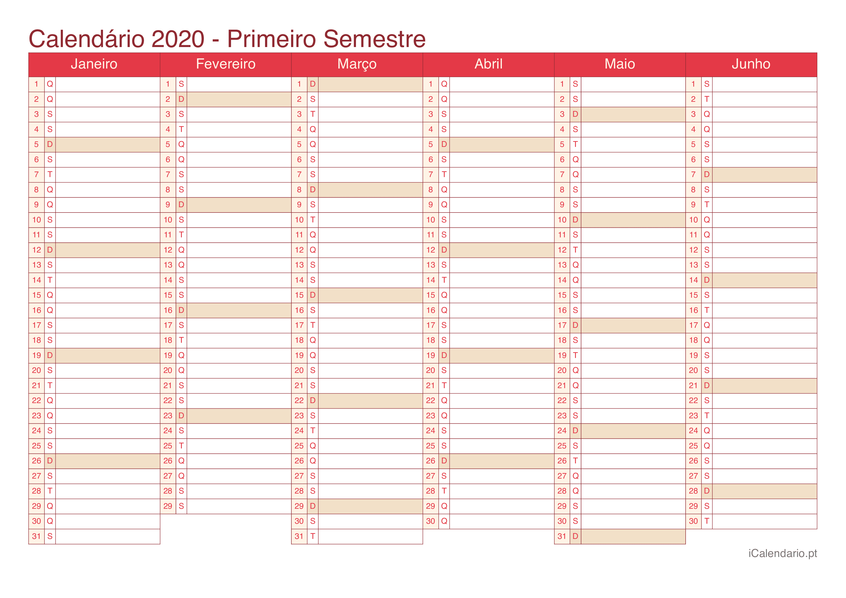 Calendário por semestre 2020 - Cherry
