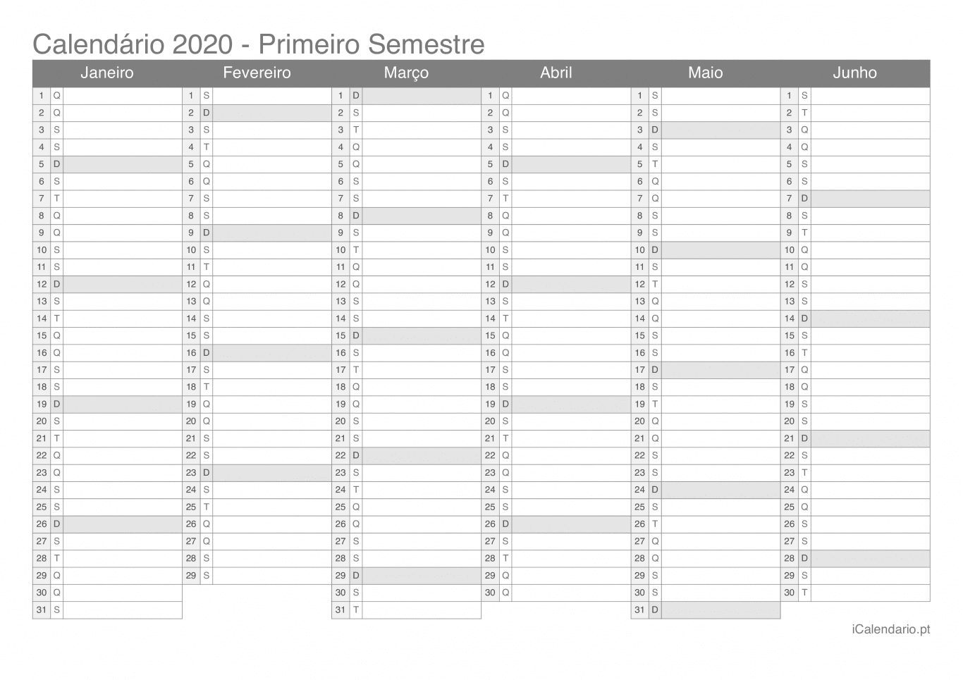 Calendário por semestre 2020