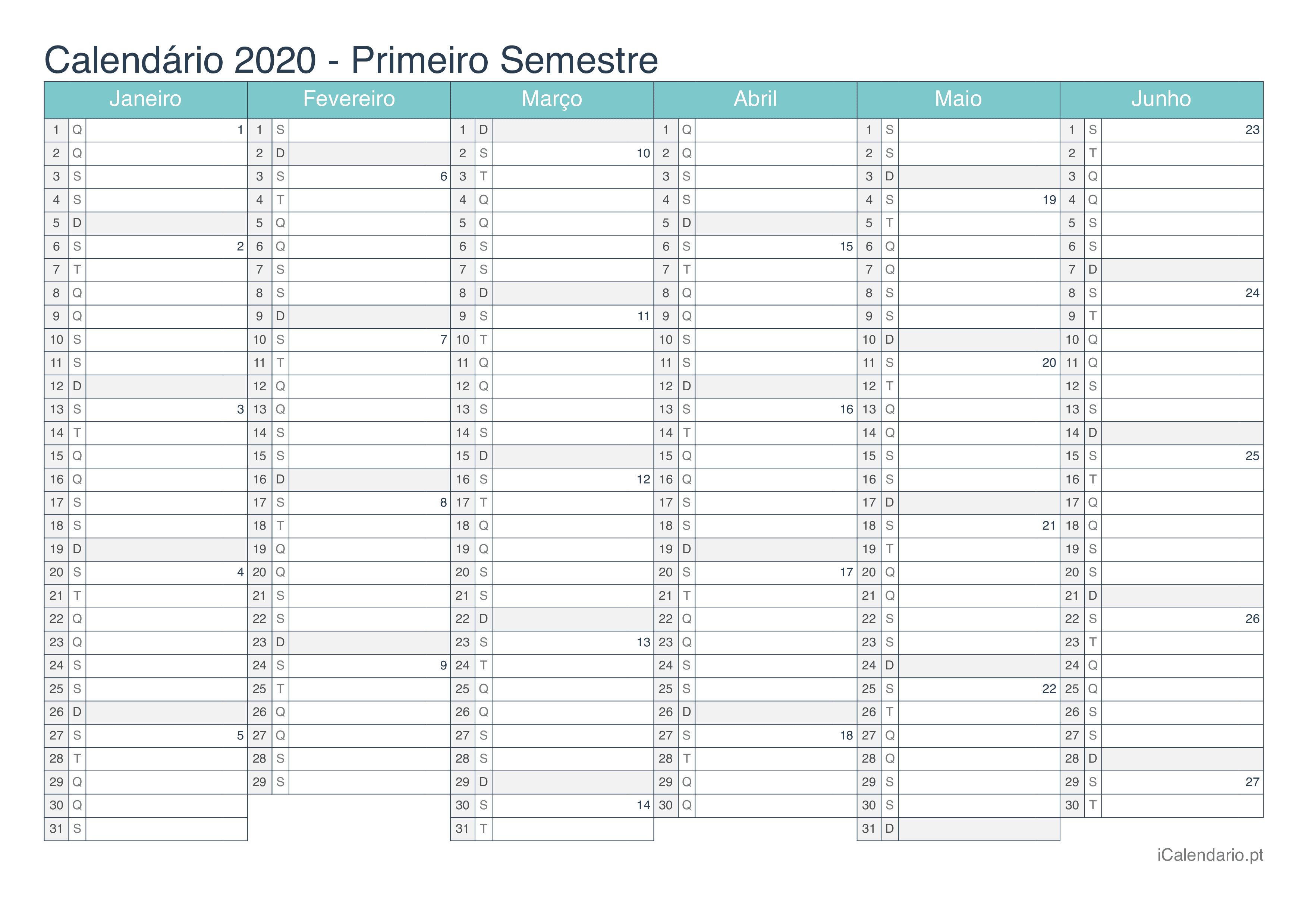 Calendário por semestre com números da semana 2020 - Turquesa