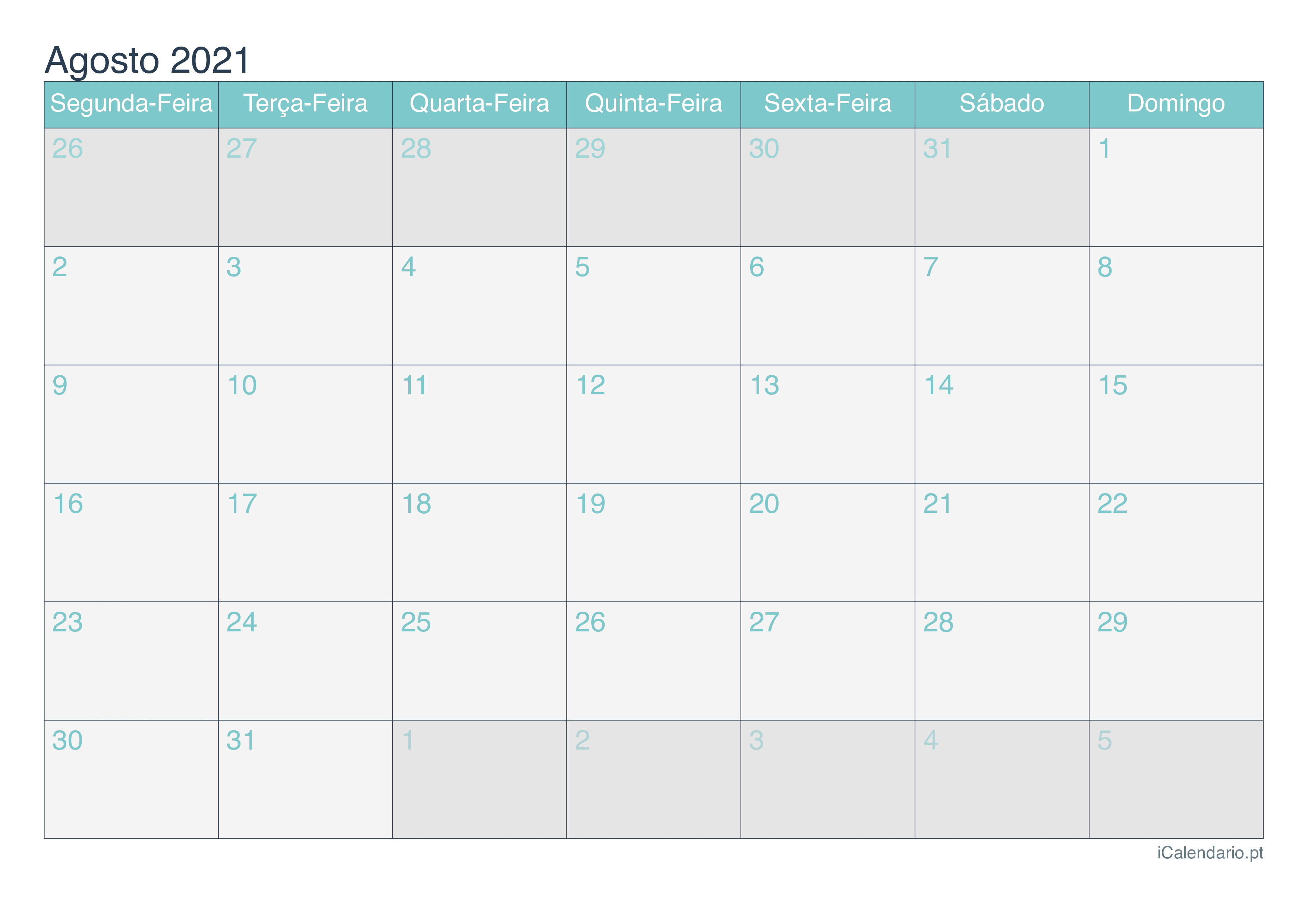 Calendário de agosto 2021 - Turquesa