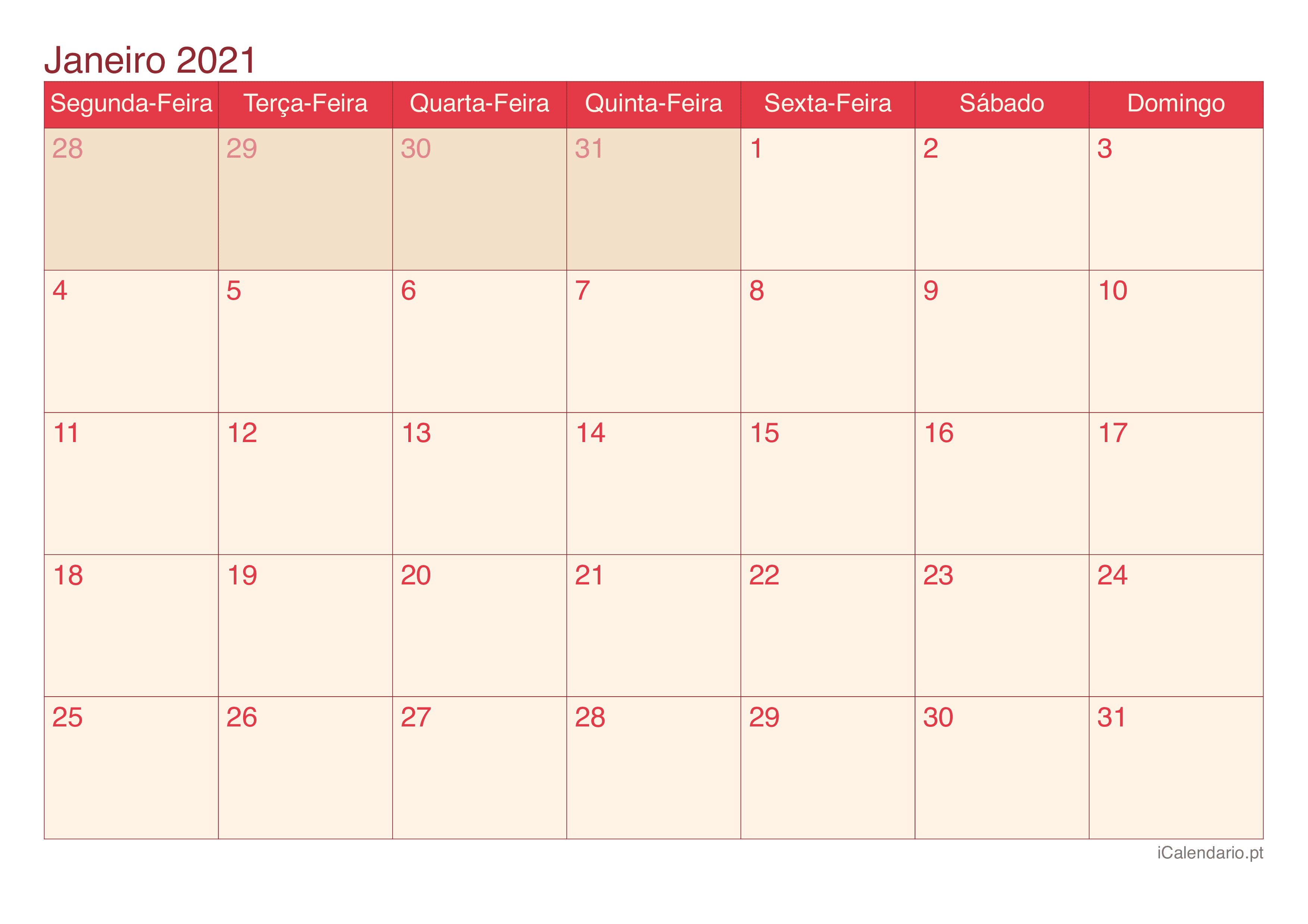 Calendário por mês 2021 - Cherry