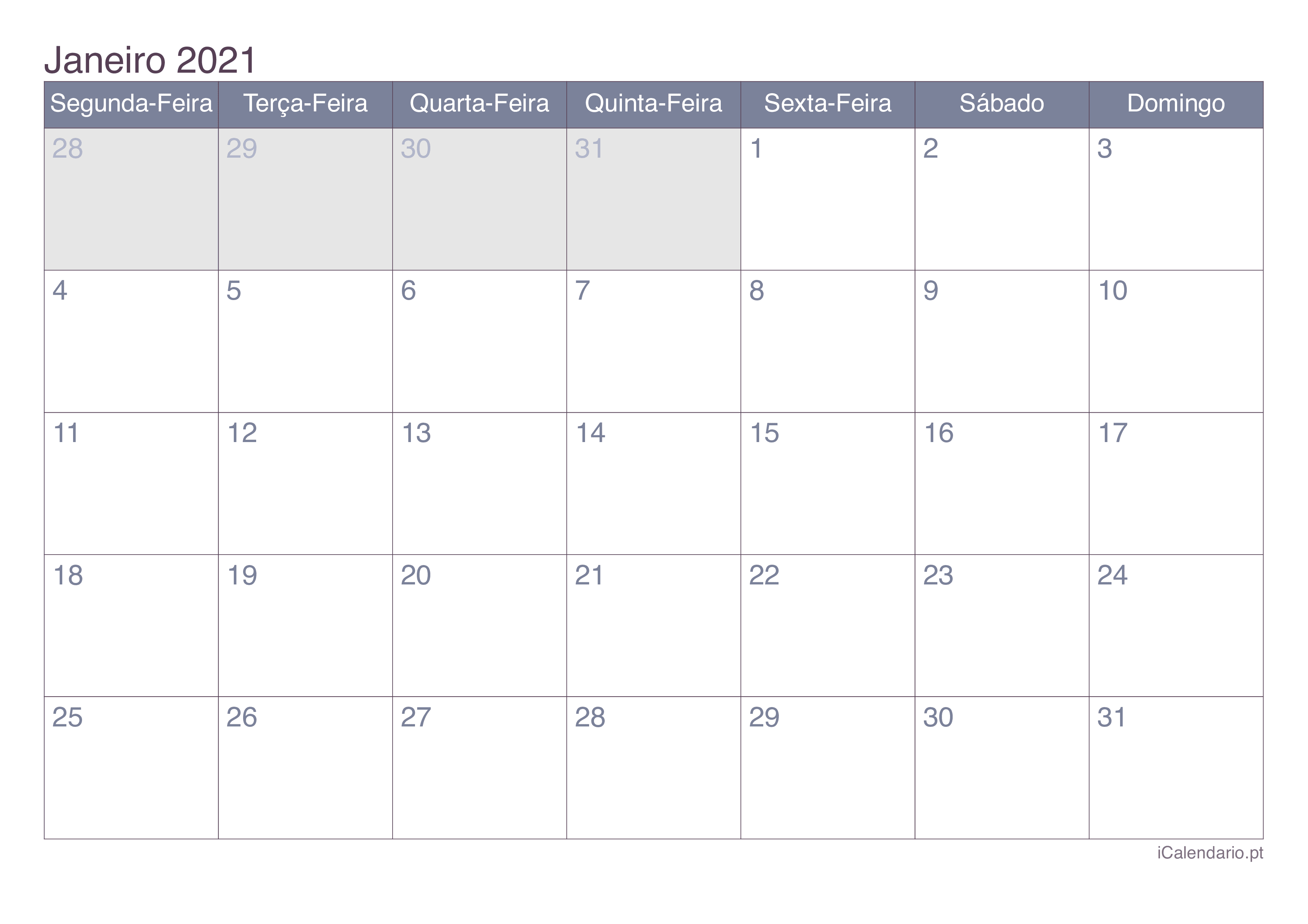 Calendário por mês 2021 - Office